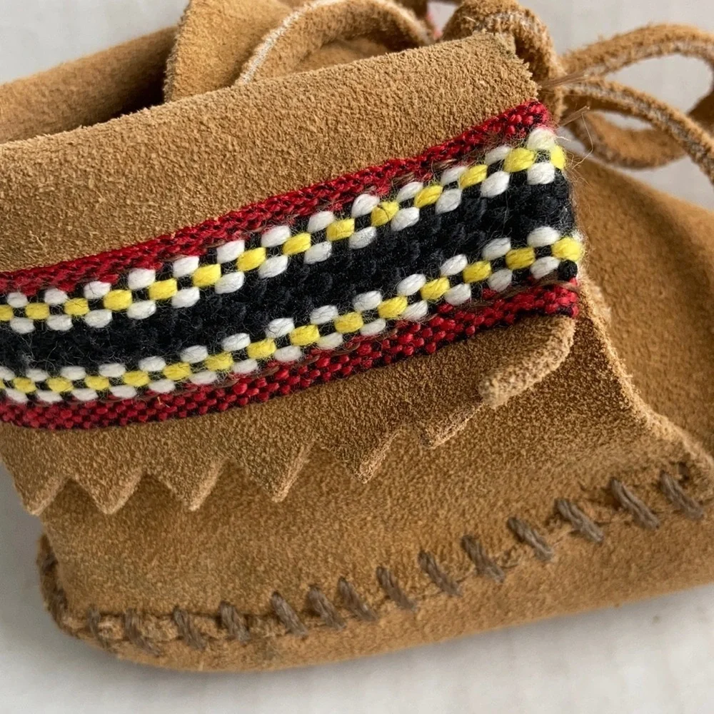 Baby Minnetonka Moccasin brown suede yellow black red braided booties with tie